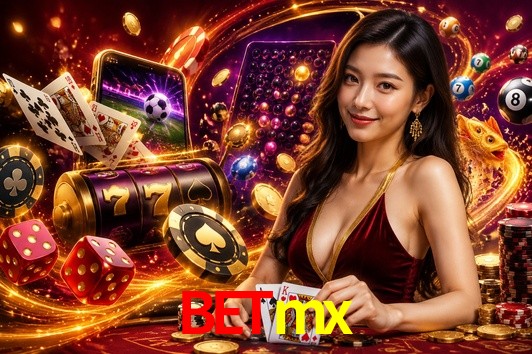 Una escena digital vívida inspirada en casino con Betmx mostrado prominentemente, luces brillantes, fichas, cartas y acentos dorados.
