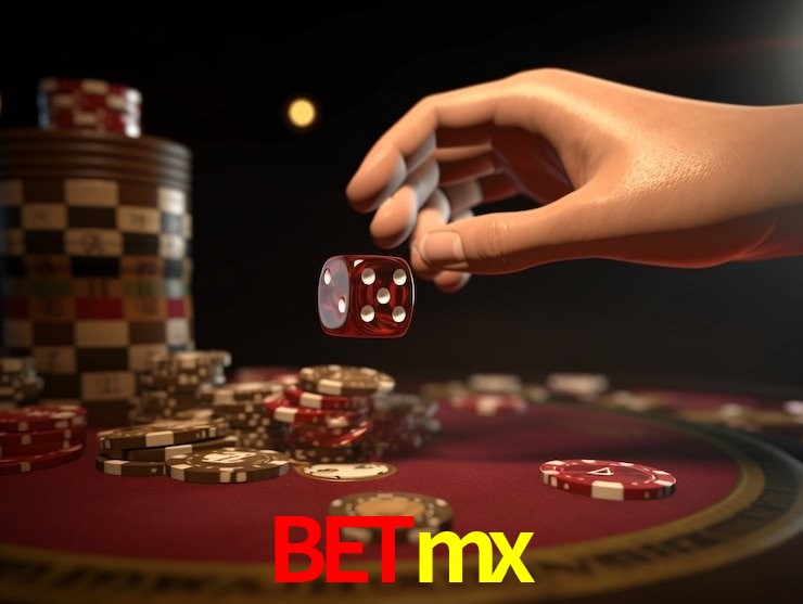 Escena dinámica inspirada en casino con iluminación Betmx, cartas, fichas e íconos de juegos digitales en un espacio moderno de juegos.